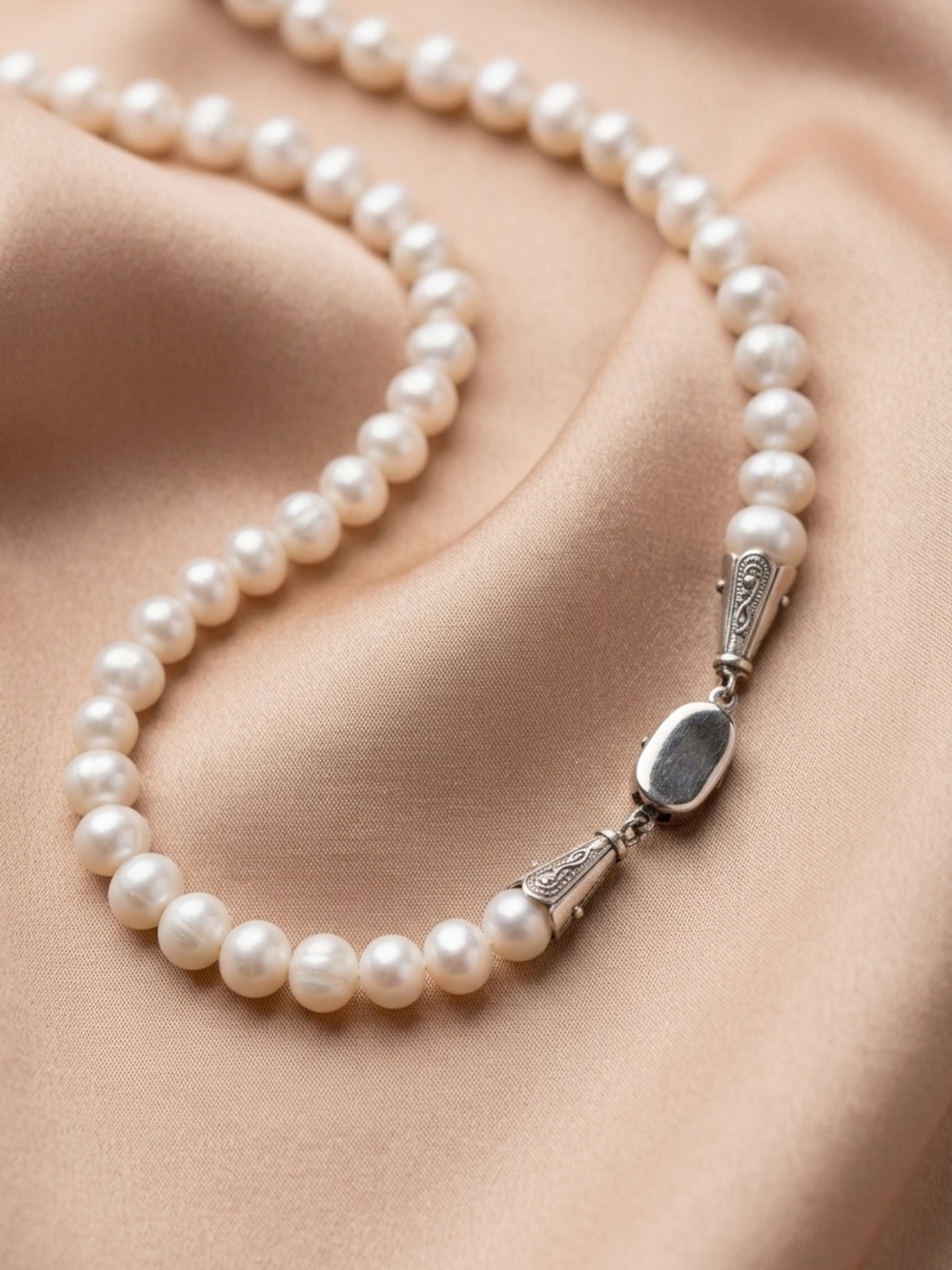 White Pearl Beaded Necklace from Bangladesh Sterling Silver 925 Box Clasp